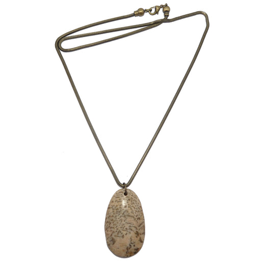 a yellowish-brown pear shaped Zebradorite Moonstone stone with translucent brown Smoky Quartz stripes hangs from an antique snake chain secured with a removable end lobster claw clasp