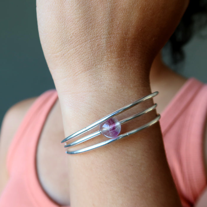 Fluorite Bracelet Coil of Calm Vibrations Rainbow Gem on Silver