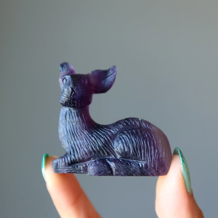 fingers holding rainbow Fluorite Deer Figurine