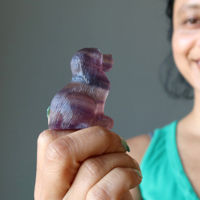 sheila of satin crystals holding Fluorite Dog