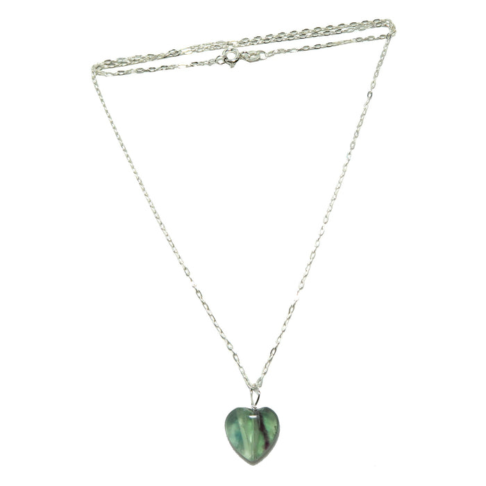 Rainbow Fluorite heart shape pendant hangs on sterling silver chain