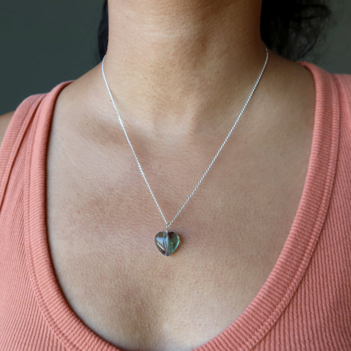sheila of satin crystals wearing Rainbow Fluorite heart shape pendant