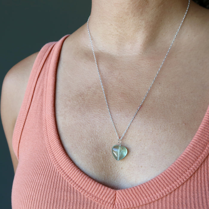 model wearing a Green Heart Fluorite necklace on sterling silver chain