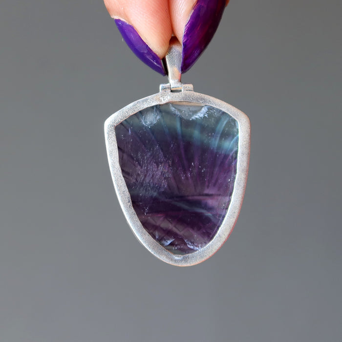 showing back of Green Purple Fluorite Sterling Silver Pendant