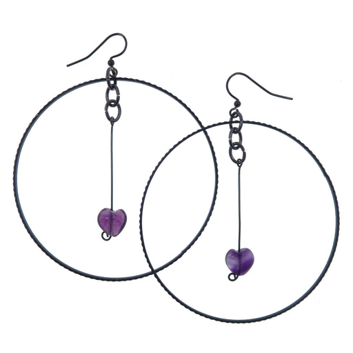 purple fluorite heart crystals in black hoop earrings