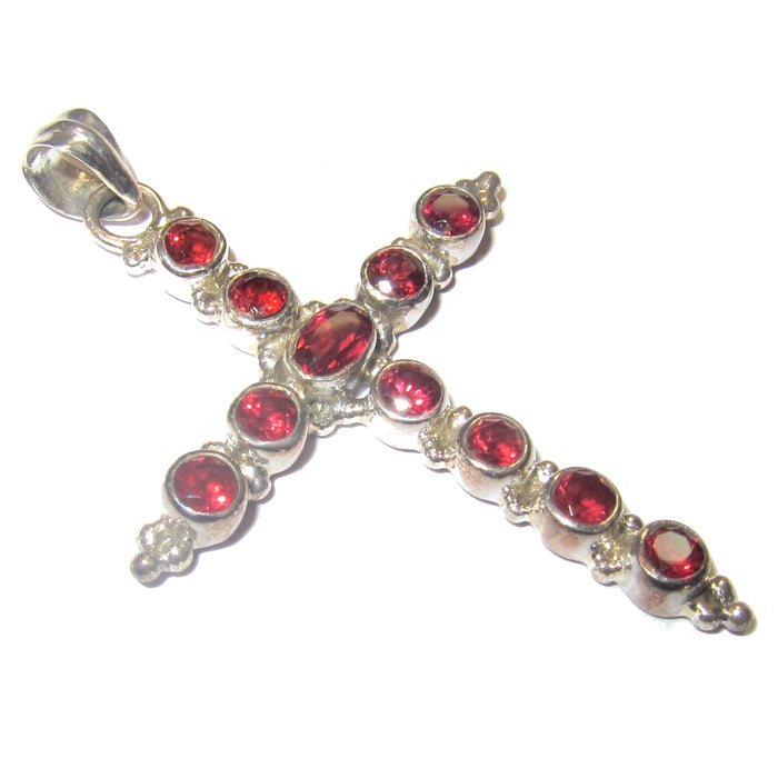 Garnet Pendant Holy Cross Protection Red Gems Sterling Silver