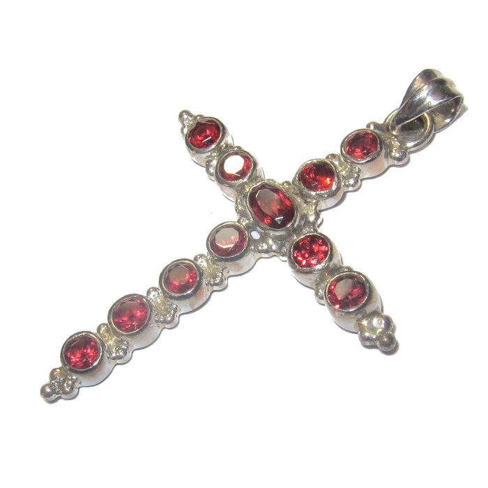 Garnet Pendant Holy Cross Protection Red Gems Sterling Silver