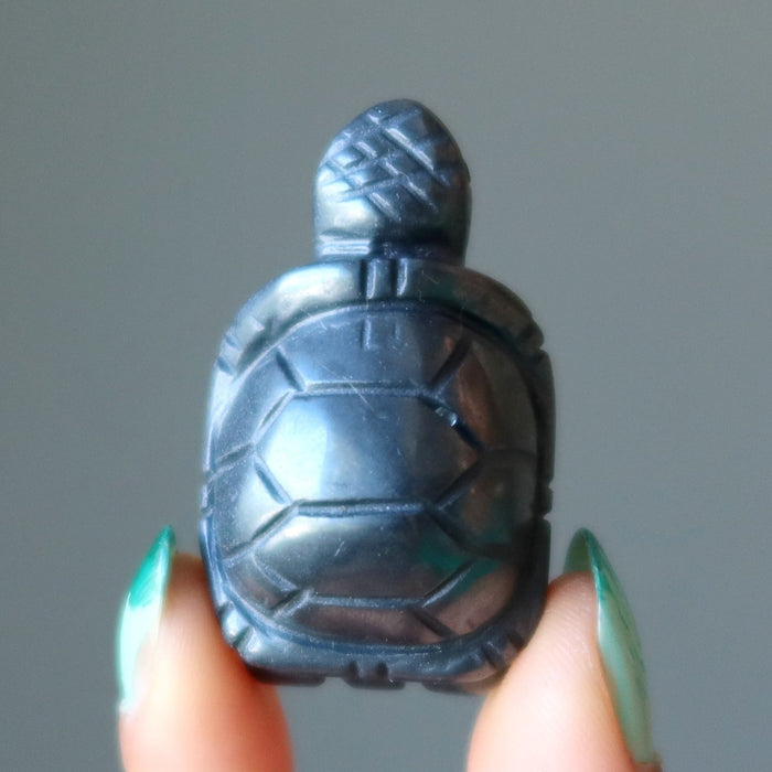 finger tips holding Hematite Turtle 