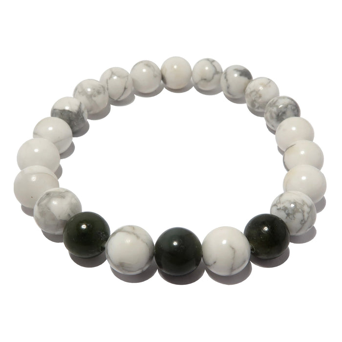 genuine white and gray howlite and dark green nephrite beads beaded on stretch bracelet.