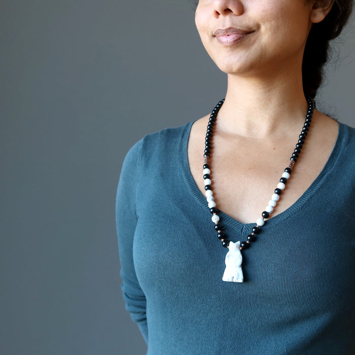 sheila of satin crystals wearing Howlite Black Obsidian Necklace