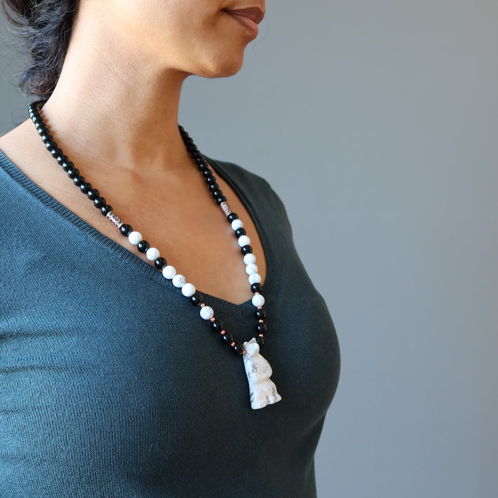 sheila of satin crystals wearing Howlite Black Obsidian Necklace