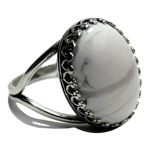 white and gray howlite oval gemstone in sterling silver adjustable ring