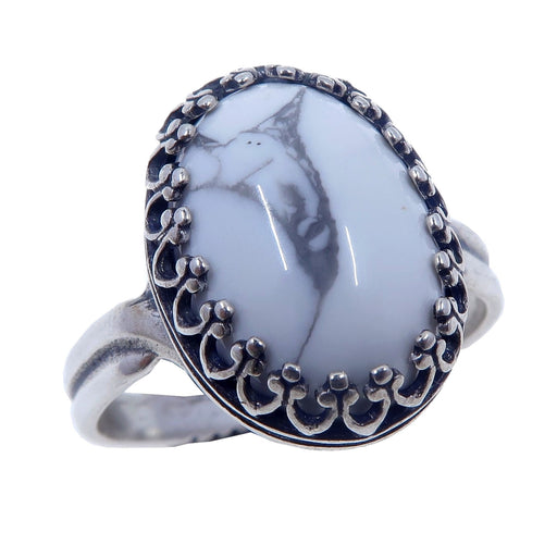 white and gray oval howlite gemstone in sterling silver adjustable ring