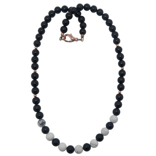 black jet stone and white howlite round beaded necklace with copper accents
