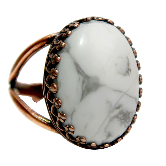 oval white and gray howlite stone in antique copper adjustable ring
