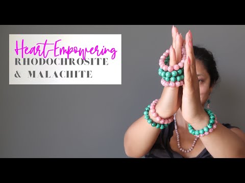 video about wearing pink rhodochrosite and green malachite stretch bracelets