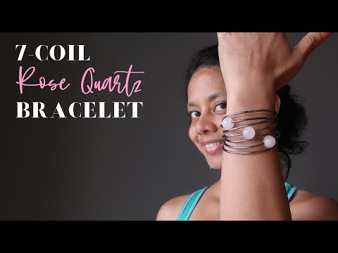 video on rose quartz beads on a 7 layer gunmetal memory wire bracelet