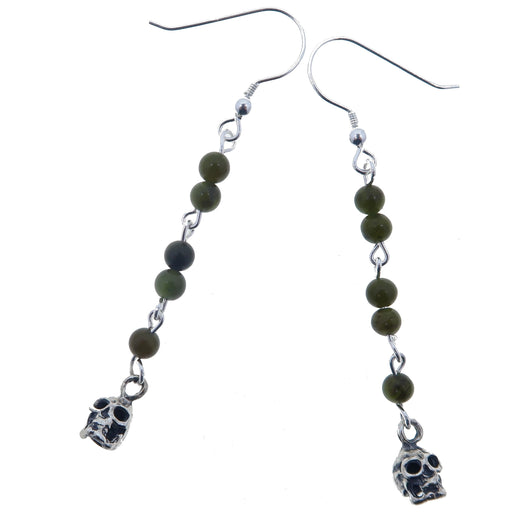 dark green jade beads on silver skull dangle earrings