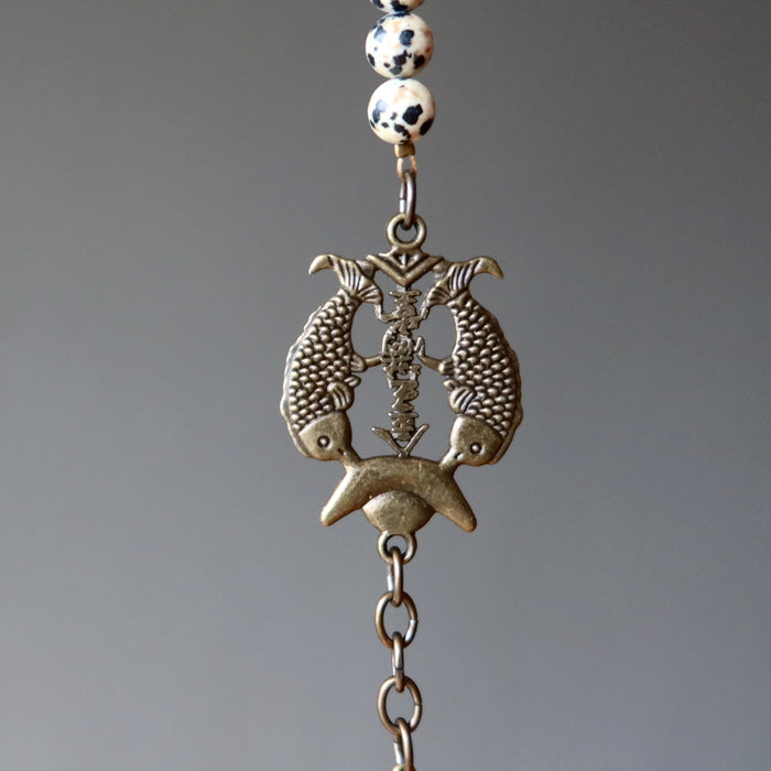 Dalmatian Jasper Bracelet Double Fish Prosperity Spot Stone Brass