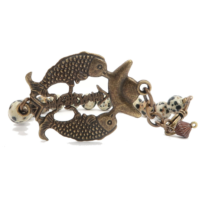 genuine dalmatian stones and double fish charm clasp bracelet beaded with spotted gemstones and antiqued animal charm at satin crystals.