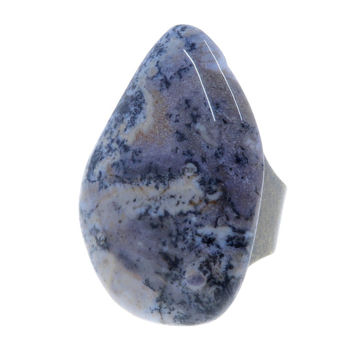 purple and white jasper with dendritic inclusions polished into a freeform pear shape and set on an antique bronze adjustable ring