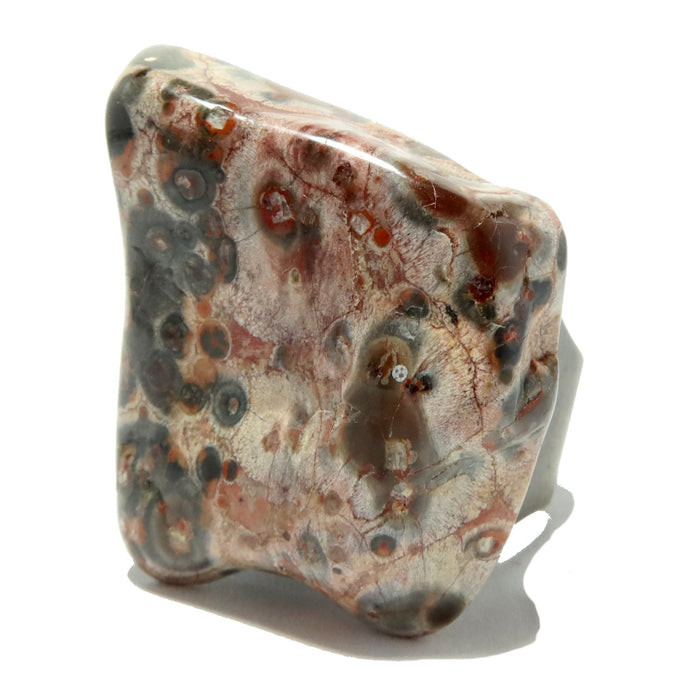 patterned gray, white, red, yellow leopard jasper stone on antique bronze ring