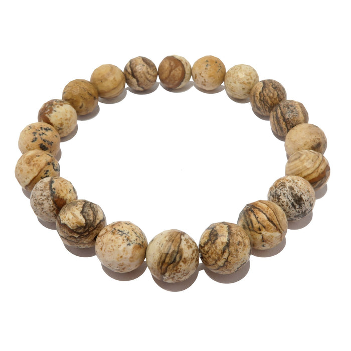 genuine patterned brown landscape picture jasper stretch bracelet beaded with natural faceted gemstones, handmade at satin crystals jewelry.