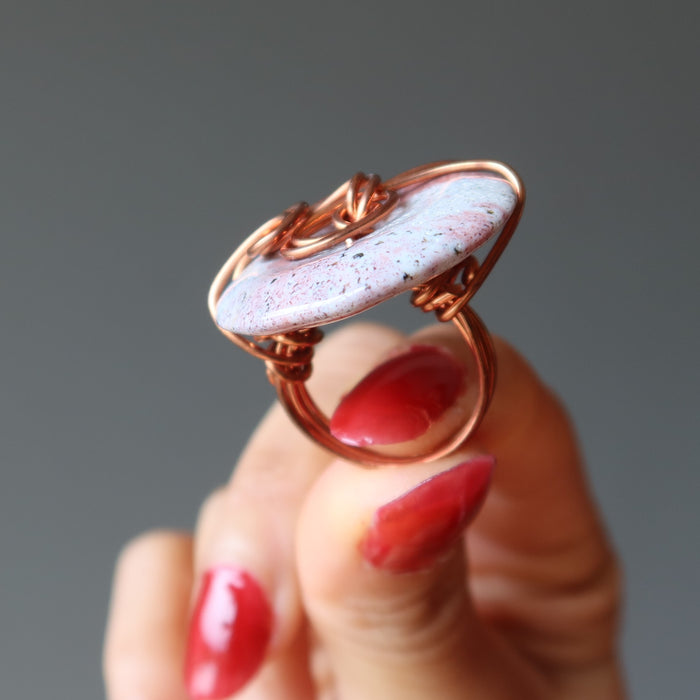 Pink Jasper Ring White Sprinkled Donut Crystal Copper Wire