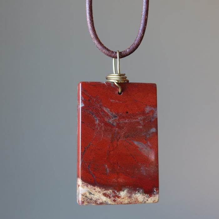 Red Jasper Necklace Big Brick Power Stone Brown Leather