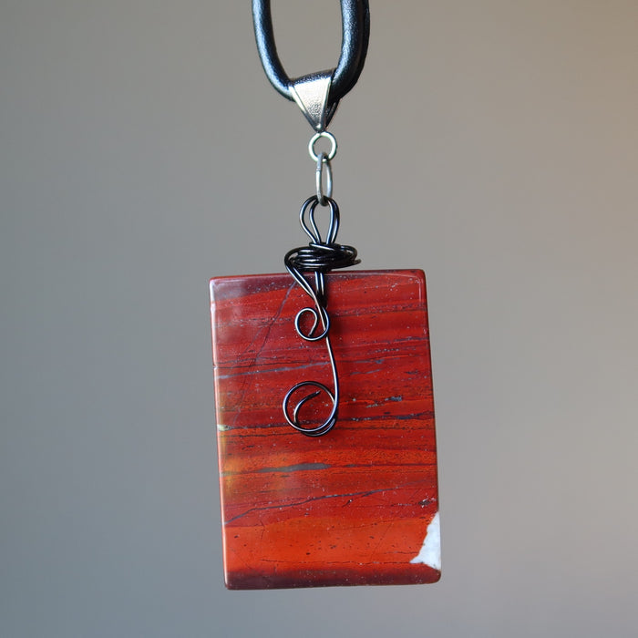 Red Jasper Necklace Brick of Protection Stone Black Leather