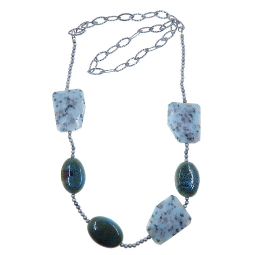 sesame jasper polygon, blue oval ceramic, round antique silver beads on hammered chain necklace
