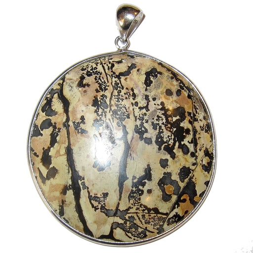 brown jasper circle with black dendrite inclusions set in silver framed pendant