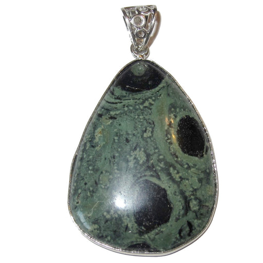 green and black kambaba jasper teadrop in silver pendant