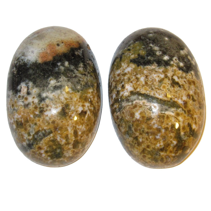 set of two spotted yellow, green, white ocean jasper oval cabochons