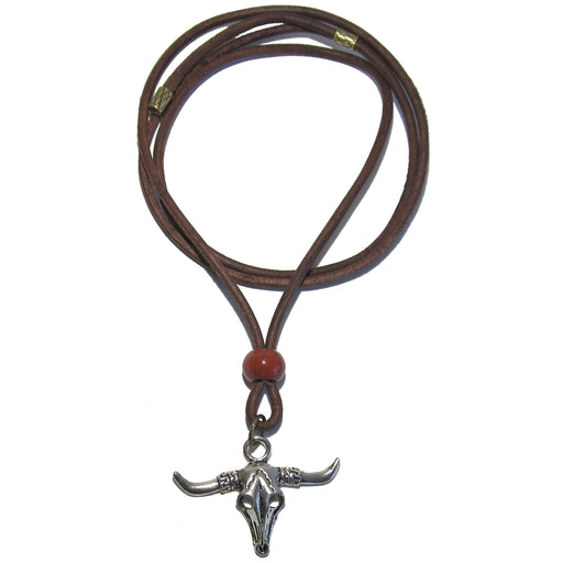 silver bull skull charm on adjustable brown leather necklace with red jasper stone