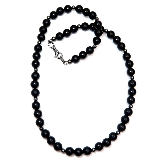 black jet stone round beaded necklace with gunmetal accents