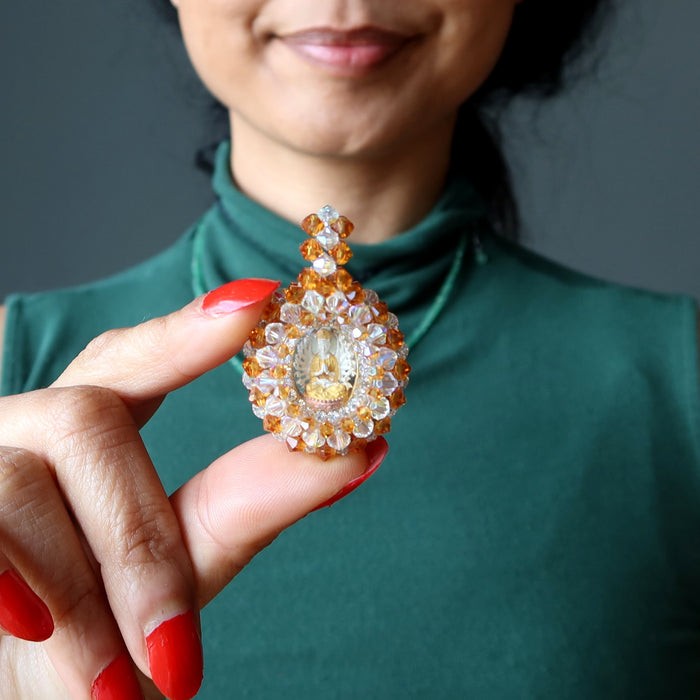 Kwan Yin Pendant Goddess Swarovski Crystal 18K Gold