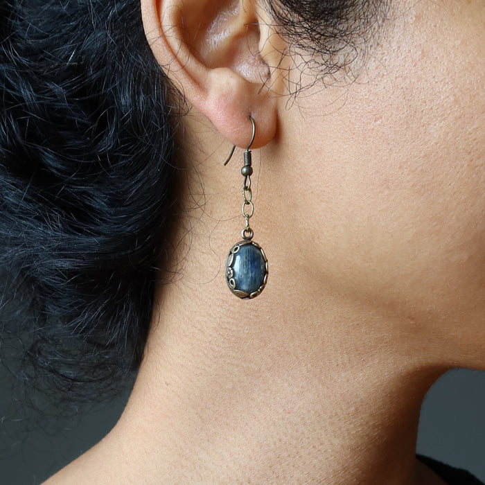 blue kyanite dangle earrings on hear