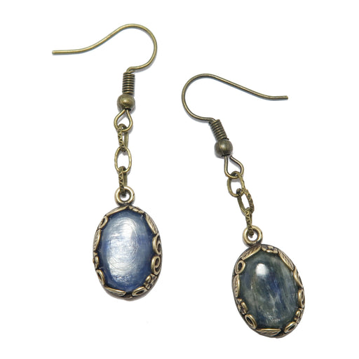 blue kyanite oval gemstones in brass earring dangles