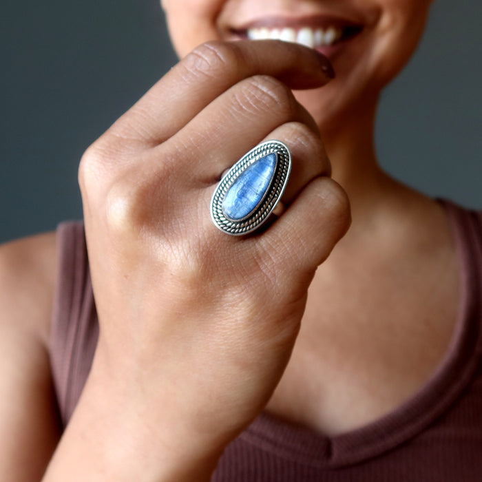 Kyanite Ring Deep Soul Communicator Crystal Blue Sterling Silver