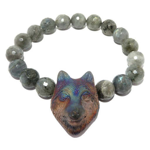 faceted labradorite and wolf head beaded stretch bracelet