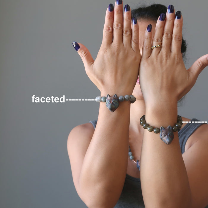 sheila of satin crystals wearing a smooth and a faceted labradorite and wolf head beaded stretch bracelet
