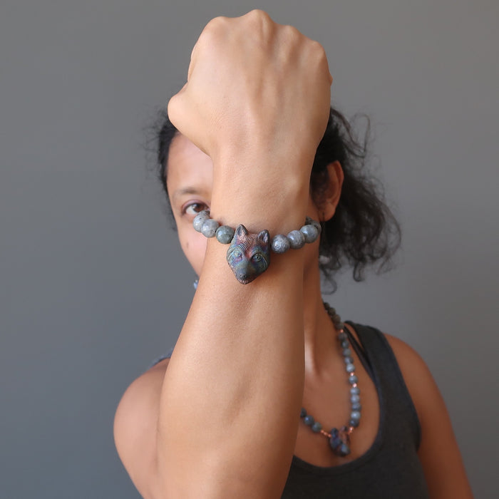 sheila of satin crystals modeling faceted labradorite and wolf head beaded stretch bracelet