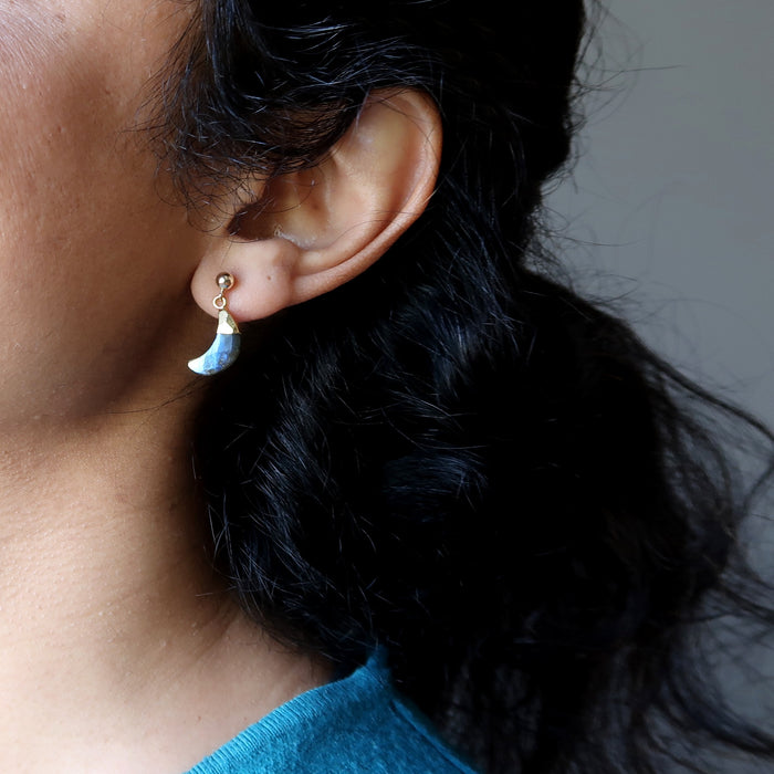 sheila of satin crystals wearing labradorite moon gold post earrings 