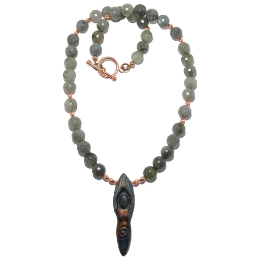 goddess pendant on faceted labradorite and copper beaded necklace