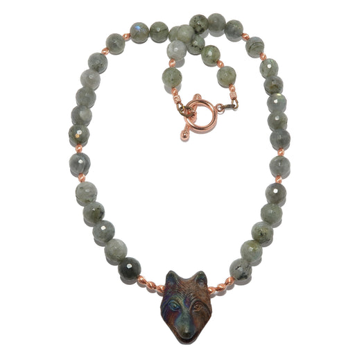 faceted labradorite beaded necklace featuring raku wolf head pendant