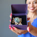 hand holding labradorite pendant in purple satin crystals gift box