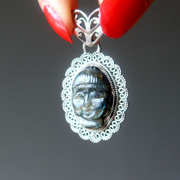 Labradorite Pendant Buddha of Zen Blue Aura Sterling Silver