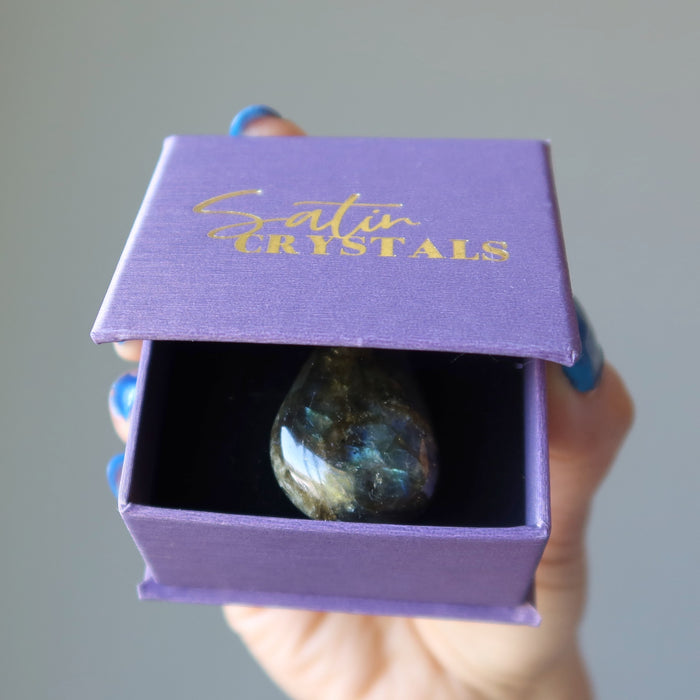 labradorite teardrop pendant in purple satin crystals gift box