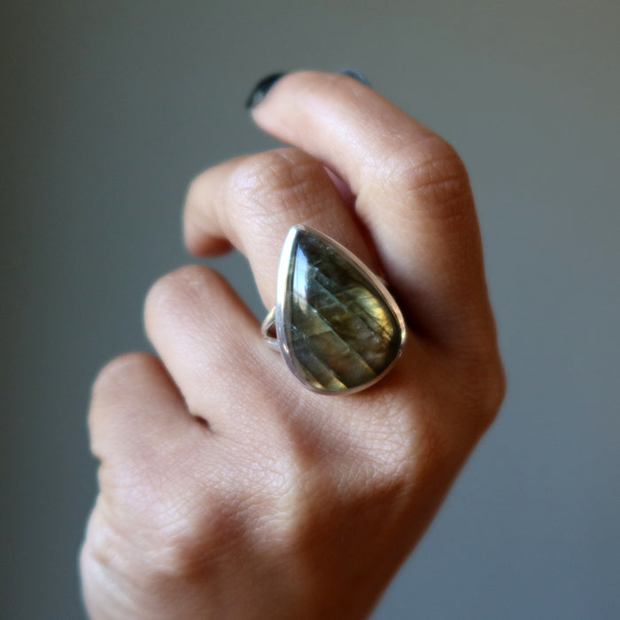 Labradorite Ring Golden Prosperity Pear Gem Sterling Silver